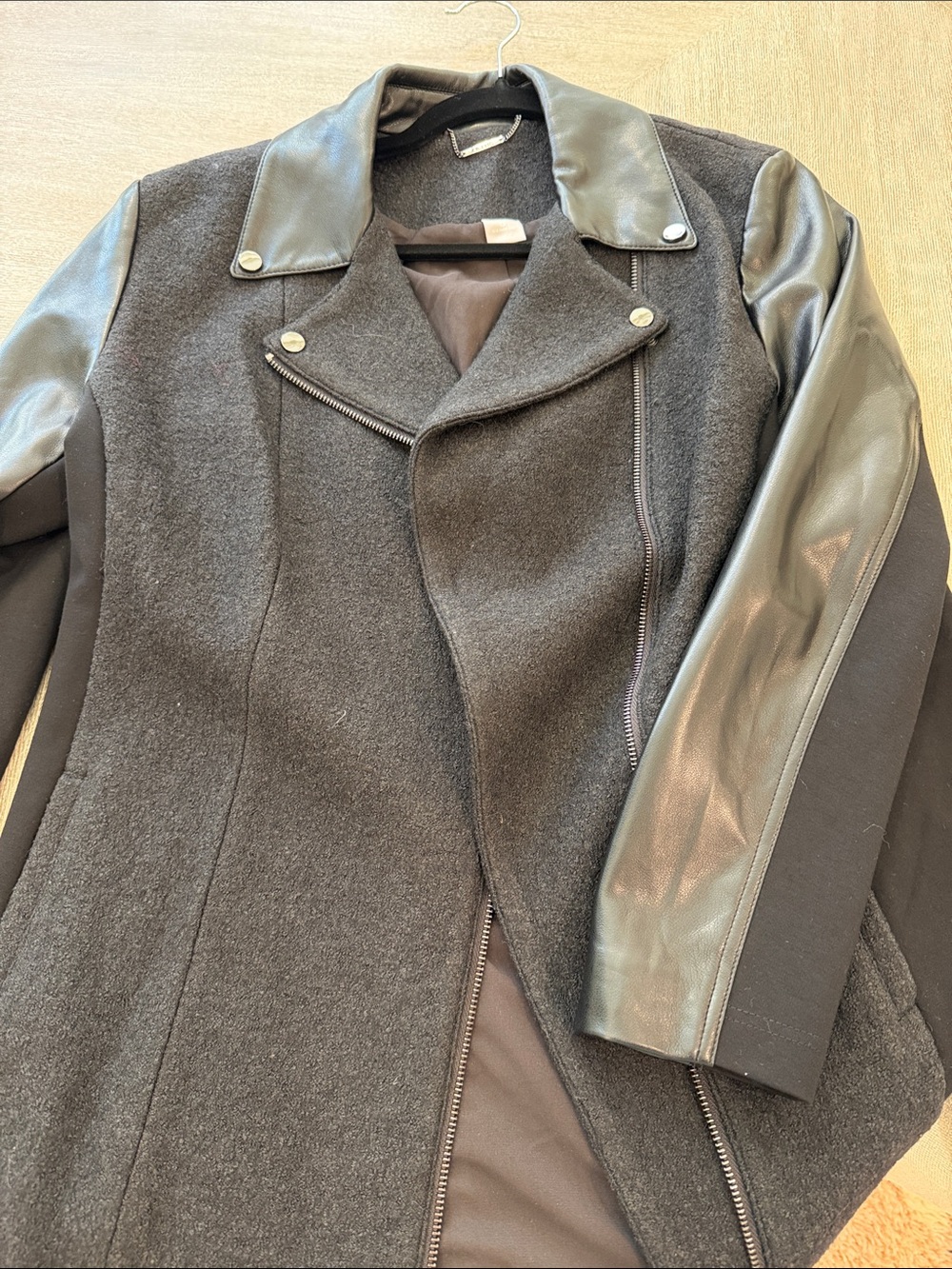 Chico's Black Wool-Blend Moto Jacket with Faux Leather Sleeves